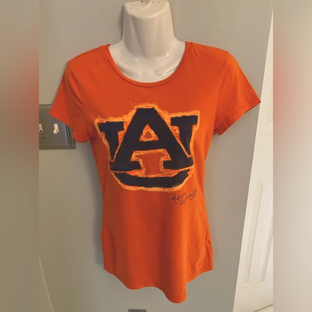 Auburn University AU Logo Orange Blue Fitted Tee T-Shirt Women’s XS 0 2 Tigers